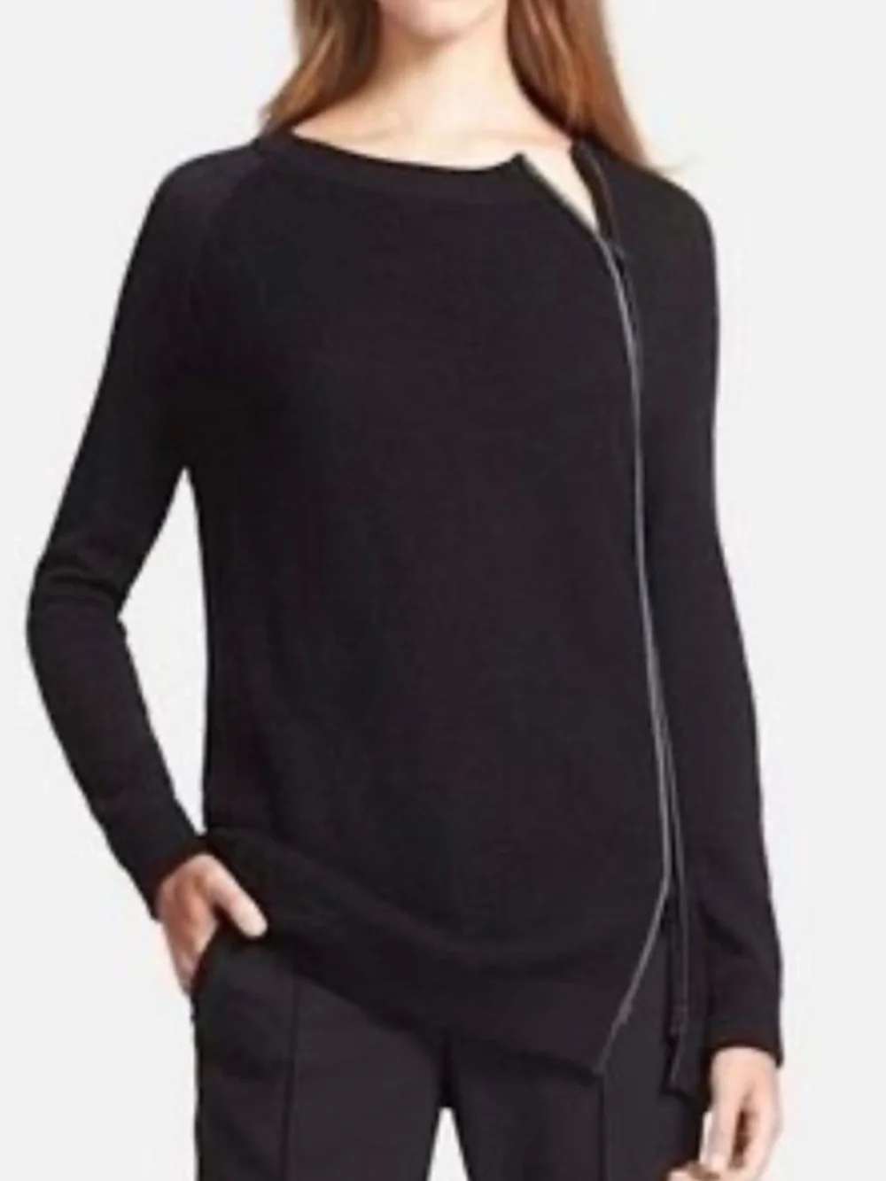 Vince Black Wool Asymmetrical Leather Trim Zip Sweater Size M